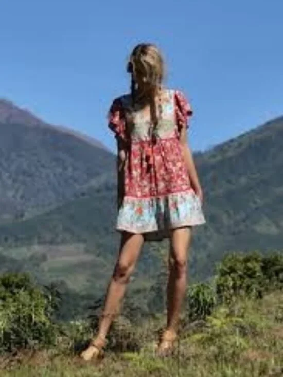 Tulle & Batiste Miriam Mini Dress Rococo Red Patchwork Floral Ruffle Midi M - Picture 9 of 9